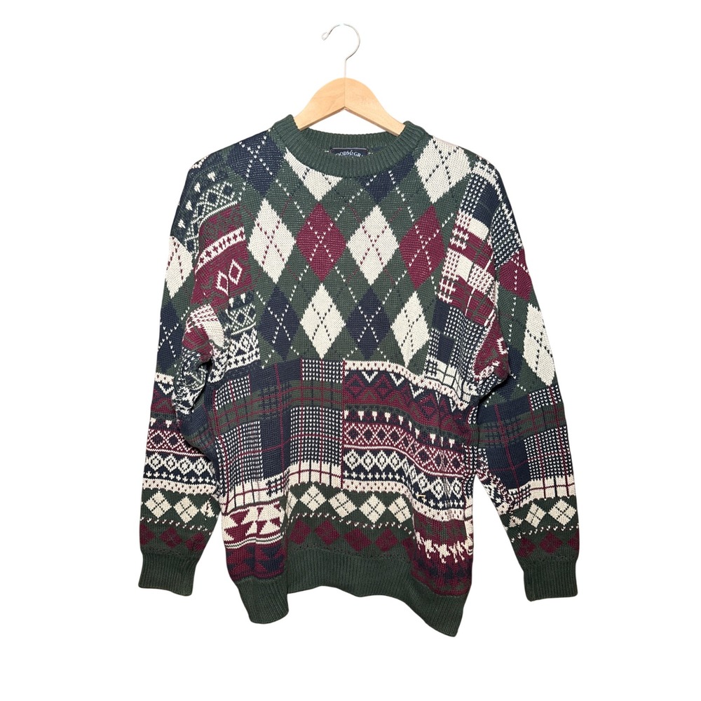 Woods & Gray Womens Argyle Patchwork Sweater Vintage Medium Grandpacore Nordic